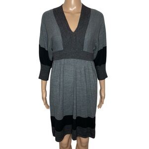Connect Apparel Black Gray V-Neck 3/4 Kimono Sleeve Pullover Mini Sweater Dress